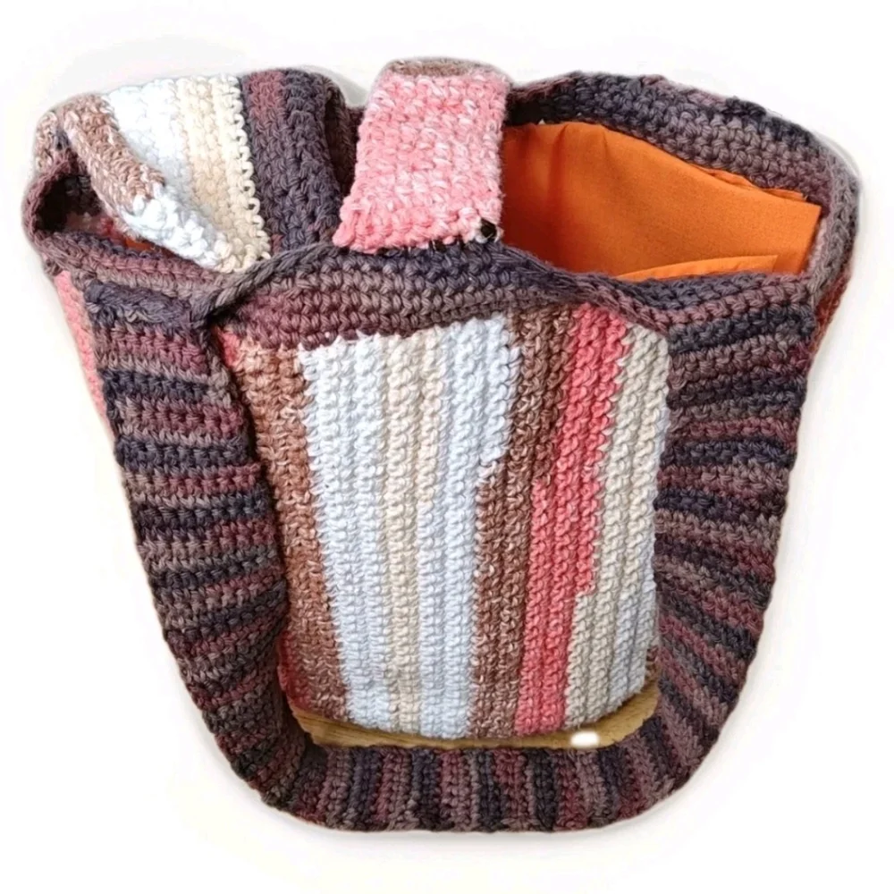 Hippie Boho Hand Crocheted Earthy Striped Bucket Purse W/ Coin Purse Homemade
